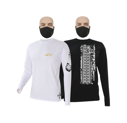 Image de T-shirts en coton - Longues manches + masque - Semelle noire et Collection Pneu - Made in Cameroon - 2 pièces - Blanc et noir