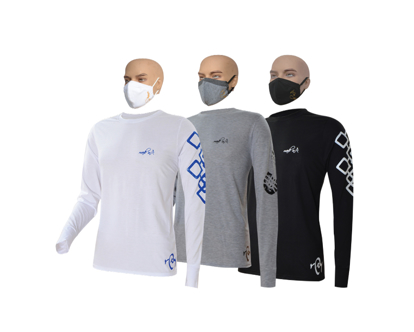 Image de T-shirt en coton - Longues manches + masques - Carreaux bleu, semelle noire et carreaux blanc - 3 pièces - Made in Cameroon - Blanc, gris et noir