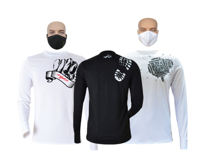 Image de T-shirt en coton - Longues manches + masques - Up collection, semelle blanche et tache noire - 3 pièces - Made in Cameroon - Blanc et noir