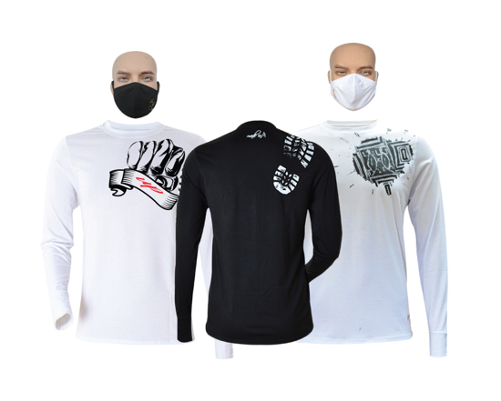 Image sur T-shirt en coton - Longues manches + masques - Up collection, semelle blanche et tache noire - 3 pièces - Made in Cameroon - Blanc et noir