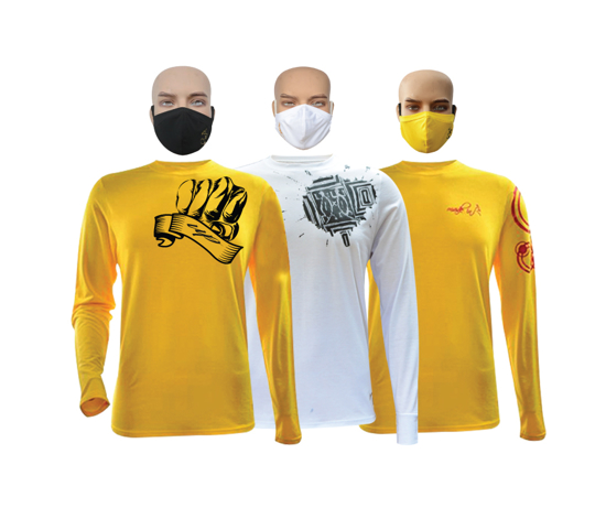 Image sur T-shirt en coton - Longues manches + masques - Up collection, tache noire et cercle rouge - 3 pièces - Made in Cameroon - jaune et blanc