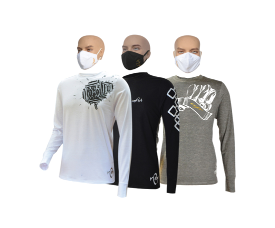 Image sur T-shirt en coton - Longues manches + masques - Tache noire - carreaux blanc et Up collection - 3 pièces - Made in Cameroon - Blanc, noir et gris