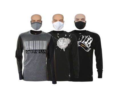 Agrandir l'image de T-shirt en coton - Longues manches + masques - Garoua, tache blanche et Up collection - 3 pièces - Made in Cameroon - Gris et noir Image de T-shirt en coton - Longues manches + masques - Garoua, tache blanche et Up collection - 3 pièces - Made in Cameroon - Gris et noir