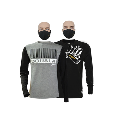 Image de T-shirts en coton - Longues manches + masques - Douala et Up collection - 2 pièces - Made in Cameroon - Gris et Noir