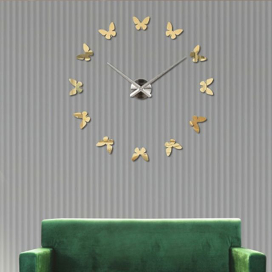 Image sur Horloge Murale 3D - Motif Papillon - Autocollant - Gold