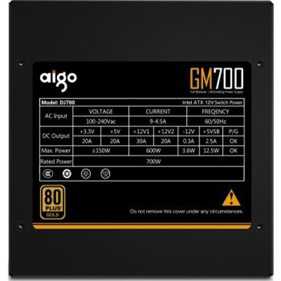 Image sur bloc d'alimentation  700W 14 cm GM-700 Aigo GM700, 80Plus Gold, entièrement modulaire, ventilateur PWM à roulement hydraulique ,
