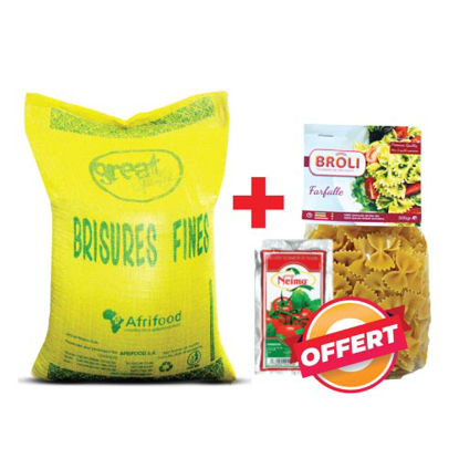 Agrandir l'image de Riz blanc 100% brisure AFRIFOOD - 25 kg + 1sachet de Tomate et 1paquet de macaroni Offert Image de Riz blanc 100% brisure AFRIFOOD - 25 kg + 1sachet de Tomate et 1paquet de macaroni Offert