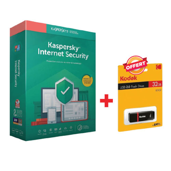 Kaspersky Internet Security 2019 - 3 Postes - 1 an + Clé USB  KODAK - 32 Go OFFERT - iziway Cameroun