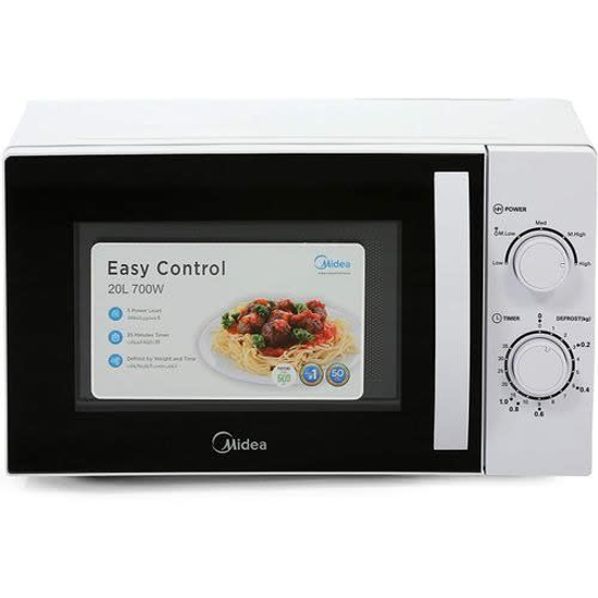 Image sur Micro‑ondes Midea MM720C2GX – 20 L – 700 W – 5 niveaux – Décongélation poids-temps – Boutons rotatifs – Garantie 6 mois