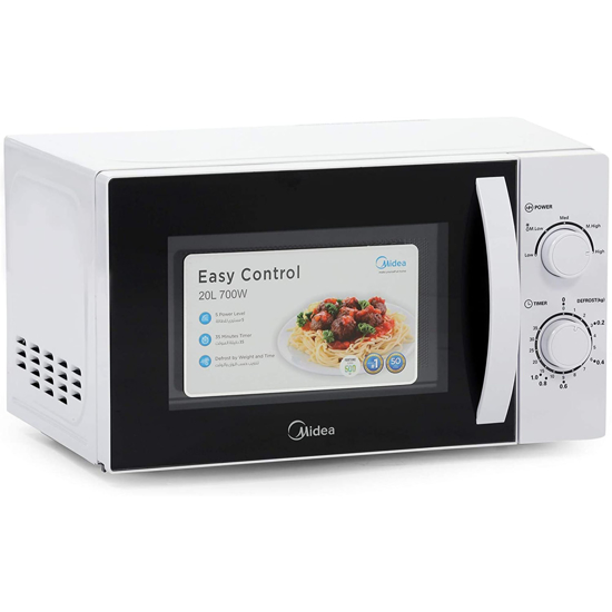 Image sur Micro‑ondes Midea MM720C2GX – 20 L – 700 W – 5 niveaux – Décongélation poids-temps – Boutons rotatifs – Garantie 6 mois