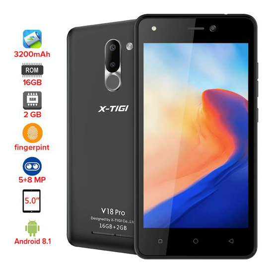 Image sur V18 Pro X-TIGI  -5.0"FWVGA Touchscreen- 16 Go + 2 Go RAM - 8.0MP AF Back Camera with Flashlight + 5 MP - 3200 mAh - Empreinte digitale - Android 8.1 - Dual SIM - NOIR