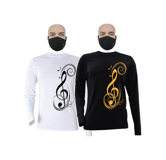 Image sur T-shirts et masques en coton - Longues manches - Sol - 2 pièces - Blanc et Noir