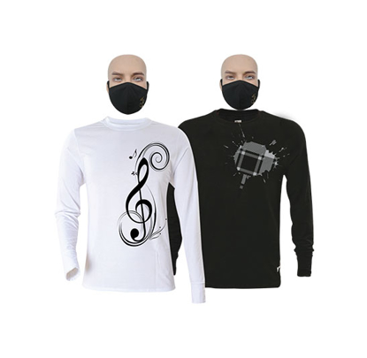 Image de T-shirts et masques en coton - Longues manches - Sol et tache 2 blanche - 2 pièces - Blanc et Noir