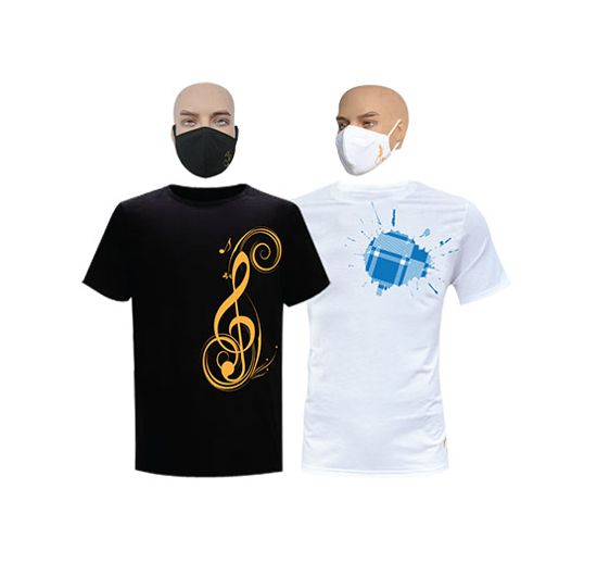 Image sur T-shirts et masques en coton - Courtes manches - Sol et tache 2 bleu - 2 pièces - Noir et blanc