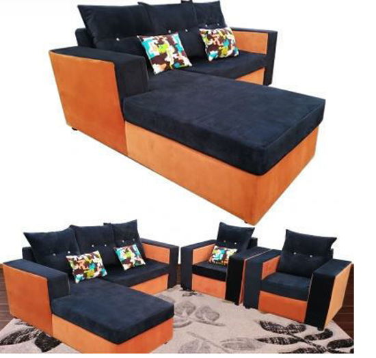 Salon complet en velours ( 01 Canapé Sofa + 02 Chaises ) - Bleu foncé et orange