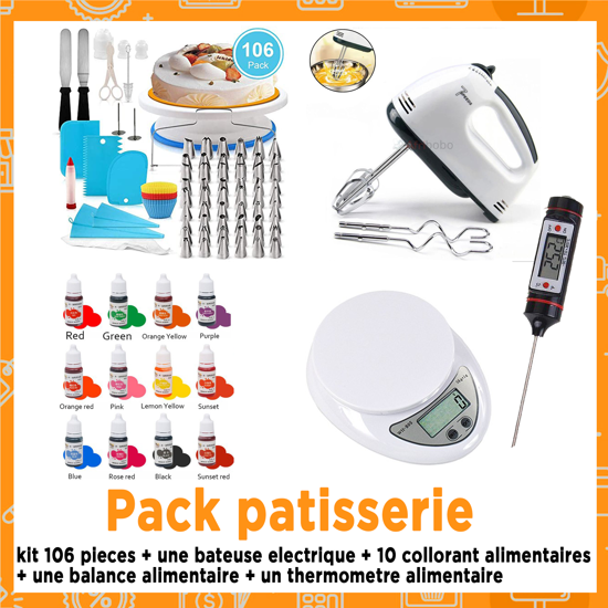 Image sur pack patisserie - kit 106 pieces + une bateuse electrique + 10 collorant alimentaires  + une balance alimentaire + un thermometre alimentaire