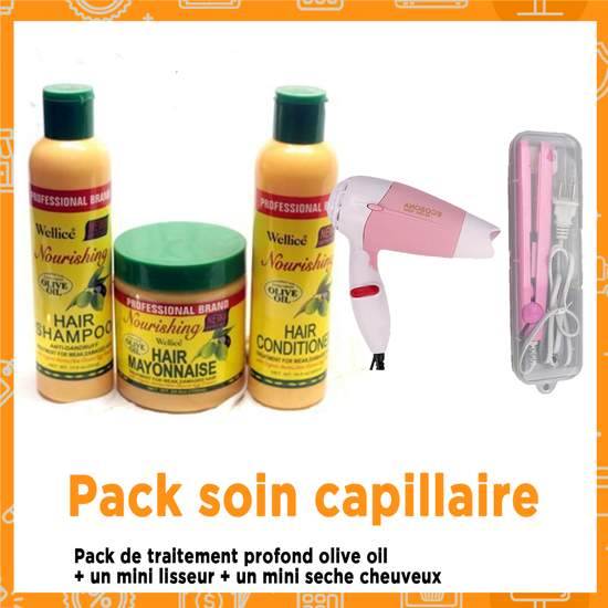 Image sur pack soin capillaire - Pack de traitement profond olive oil  + un mini lisseur + un mini seche cheuveux