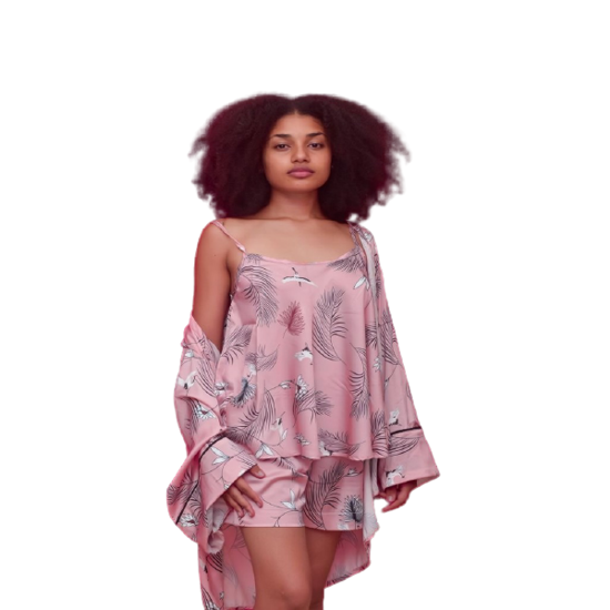 Image sur Pyjama Pour Femme A Pois Large (Culotte + Chemisette + Kimono) - Djameela - Rose Fleuri