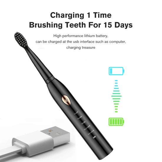 Image sur Brosse à dents électrique (NOIRE) rechargeable pour homme femme, brosse à dents électrique sonique pour adultes, panneau d'affichage à LED, minuterie 2 minutes, 5 modes, 4 têtes de brosse, 40000 VPM