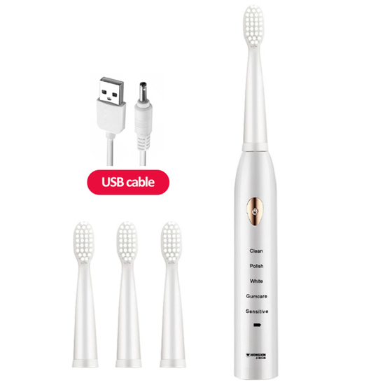 Image sur Brosse à dents électrique (BLANCHE) rechargeable pour homme femme, brosse à dents électrique sonique pour adultes, panneau d'affichage à LED, minuterie 2 minutes, 5 modes, 4 têtes de brosse, 40000 VPM