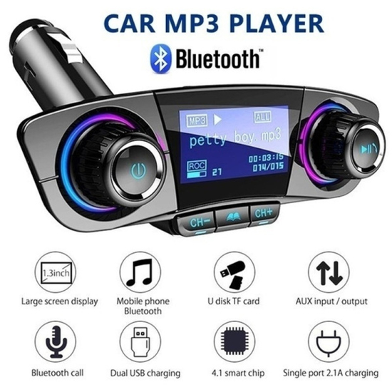 Image sur Kit transmetteur FM Bluetooth 5.0, modulateur Aux mains libres, lecteur MP3 Audio de voiture avec chargeur intelligent double USB pour voiture