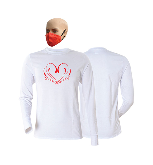 Image sur T-shirt en coton + masque  - Longues manches - St. Valentin 7 - Blanc et rouge