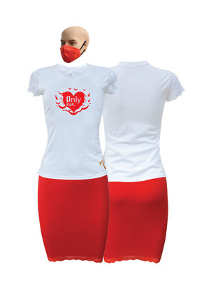 Image de T-shirt et jupe en coton et dentelle + masque  - Courtes manches - St. Valentin 1 - Blanc et rouge