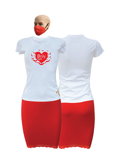 Image sur T-shirt et jupe en coton et dentelle + masque  - Courtes manches - St. Valentin 1 - Blanc et rouge