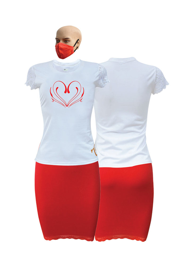 Image sur T-shirt et jupe en coton et dentelle + masque  - Courtes manches - St. Valentin 2 - Blanc et rouge