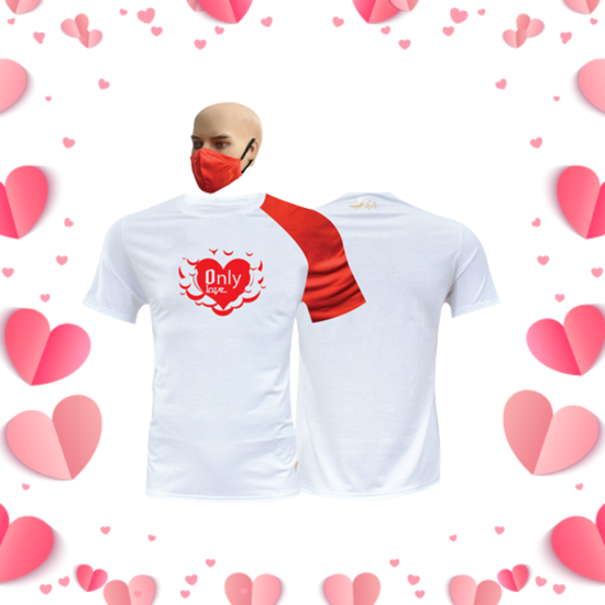 Image sur T-shirt en coton + masque  - Courtes manches - St. Valentin 5 - Blanc et rouge