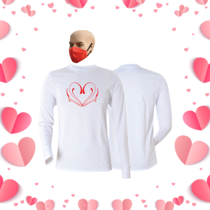 Image de T-shirt en coton + masque  - Longues manches - St. Valentin 8 - Blanc et rouge