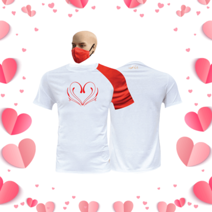 Image de T-shirt en coton + masque  - Courtes manches - St. Valentin 6 - Blanc et rouge