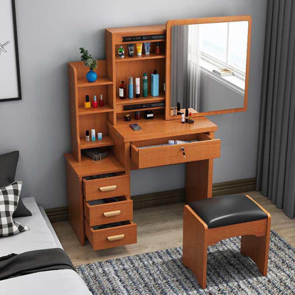 Image de Commode Coiffeuse à 4 Tiroirs + Mirroir coulissant avec Tabouret Compatible pour  Chambre - En Bois