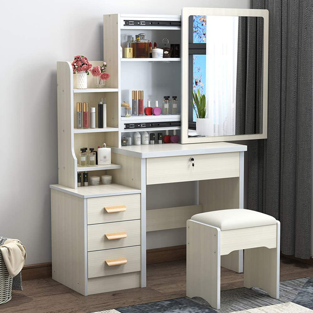 Commode Coiffeuse à 4 Tiroirs + Mirroir coulissant avec Tabouret ...
