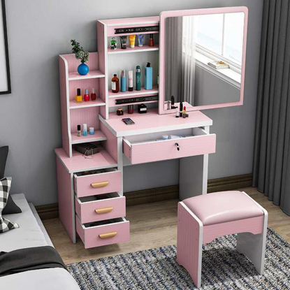 Image de Commode Coiffeuse à 4 Tiroirs + Mirroir coulissant avec Tabouret Compatible pour  Chambre - En Bois