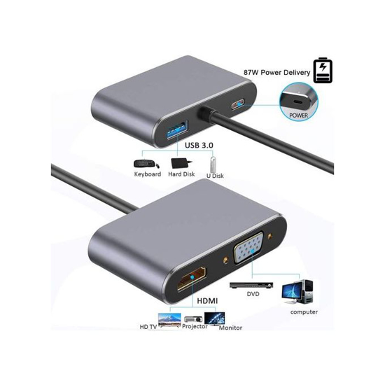 Image sur Adaptateur 4 En 1 - USB Type C Male Vers HDMI & VGA + USB-C & USB 3.0 - Noir