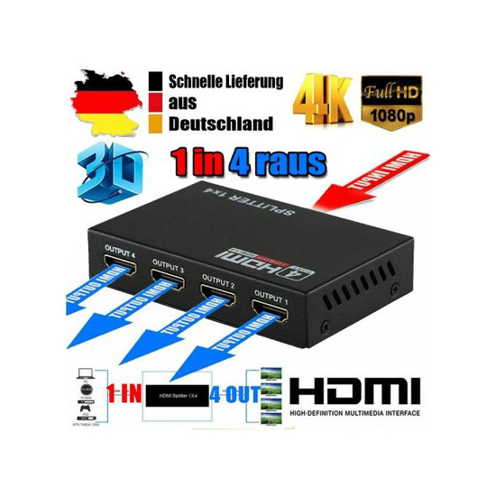 Image sur Répartiteur HDMI 4 ports Distributeur HDMI 1X4 HDMI 1 entrée 4 sorties 3D et Full HD1080P - Noir