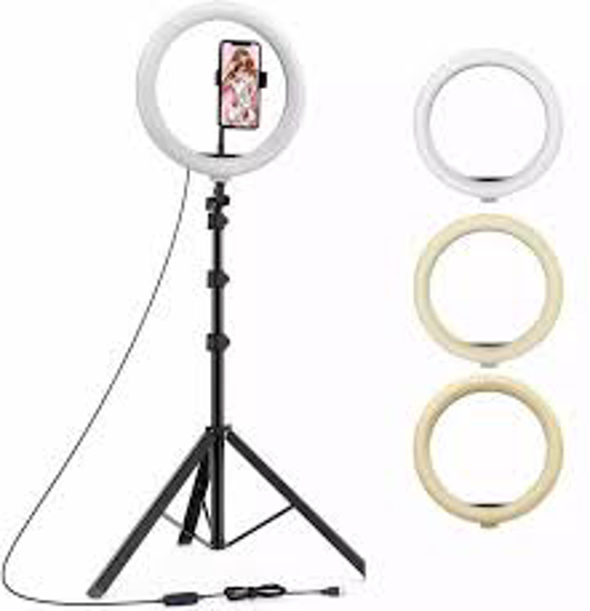 Image sur 10 pouces 4 couleurs RVB Selfie Ring Light avec trépied, support de téléphone pour tuyau, 360 ​​rotation cardan photographie en direct streaming (noir)