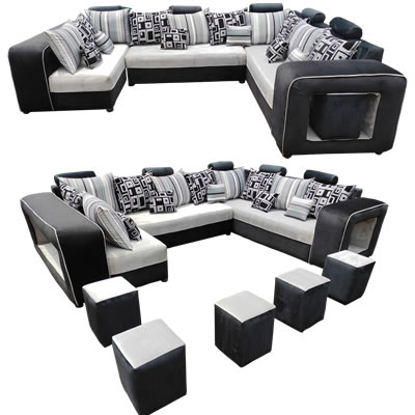 Image de Salon Velours Noir Cendre - 8 Places + Coussins