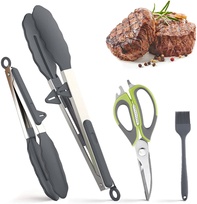 Image de Ensemble de pinces de cuisine en acier inoxydable de qualité supérieure (9 et 12 pouces) avec ciseaux et pinceau à huile, antiadhésives et résistantes à la chaleur, pinces en silicone pour cuisine, barbecue, buffet, salade