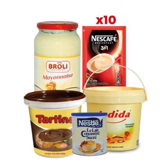 Image sur Pack Matin : NESCAFE 3in1 32G x10 - Lait concentré Nestle 1kg x1 - Chocolat Tartina - 800g x1 - Beurre Jadida - 450G x1 - Mayonnaise Broli - 450G x1