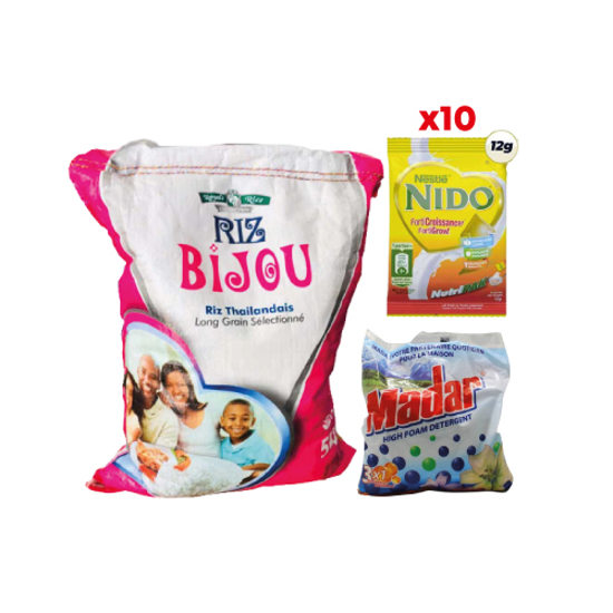 Image sur 5KG de riz bijou thai, 1kg de detergent madar,SACHET DE LAIT NIDO 12G*10