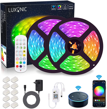 Ruban-LED-WiFi-10m-2x5M-LUXONIC-Bande-LED-RGB-5050 Qu'y a-t-il dans le paquet ? •	02 x Bandes LED de 5m •	01 x Bloc d'alimentation 12V •	01 x Télécommande IR •	01 x Boîtier de contrôle Wi-Fi (Récepteur WiFi) •	01 x Manuel d'utilisation