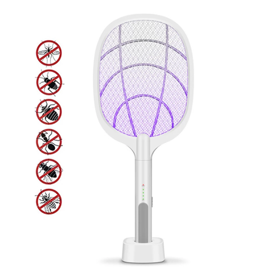 Image sur aquette anti-moustiques rechargeable portable Tapette à mouches électrique Raquette anti-moustiques Bait Lampe à lumière UV Raquette avec base de chargement USB