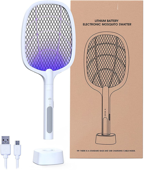 Image sur aquette anti-moustiques rechargeable portable Tapette à mouches électrique Raquette anti-moustiques Bait Lampe à lumière UV Raquette avec base de chargement USB