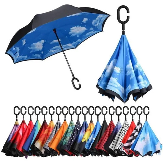 Image sur Parapluie inversé - Parapluies inversés à double couche avec poignée en forme de C, protection UV