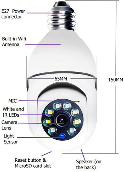 Image sur Caméra d'ampoule E27, caméra de sécurité PTZ sans Fil 1080p avec connecteur de bulbe E27, panoramique de 360 degrés, Suivi Automatique de Mouvement, Vision Nocturne, Audio à Deux Voies