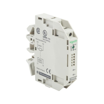 Ce module d’interface de sortie Zelio, de la marque Schneider Electric, est un relais électromécanique servant à commander la mise en marche et arrêt d’un mécanisme. Il est utilisé pour déclencher un contacteur. Ce dispositif permet de recevoir les signaux numériques d’un appareil et assure par la suite l’excitation et la désexcitation de la bobine grâce à son contact fermé. Ce module d’interface possède une bobine de 24 V pouvant contrôler un appareil installé sur un réseau continu de 120 V ou alternatif de 230 V. Il est doté d’une signalisation mécanique pour l’indication de la position des contacts et de l’état de commande.