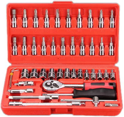 Image de 46 Pcs 1/4 Pouce Tournevis Drive Socket Bit Set Outil De Réparation De Voiture Avec Clé À Cliquet Réversible Spinner Poignée Et Kit De Barre D'extension-Étui De Rangement Chrome Vanadium Matériel Pour Automobile Vélo / Voiture