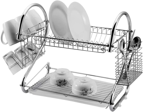 Image sur Égouttoir à vaisselle à 2 étages de 45,7 cm pour assiettes, tasses, verres, couverts à poser au-dessus de l'évier - Chrome argenté
